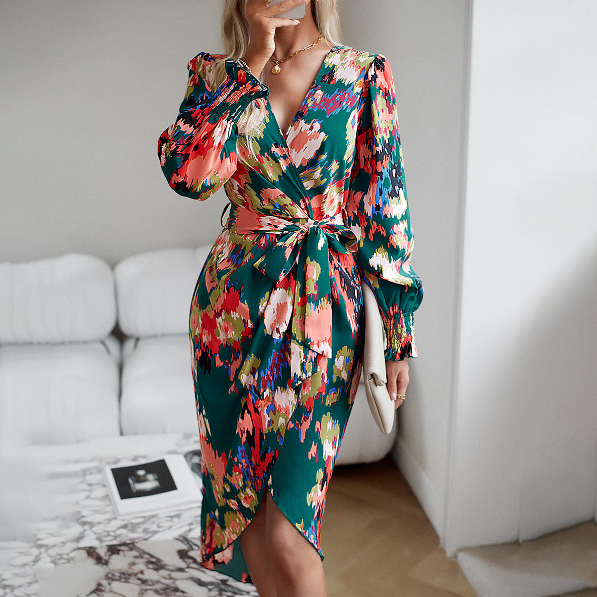 Printed Dress Autumn Winter Elegant V-neck Dress