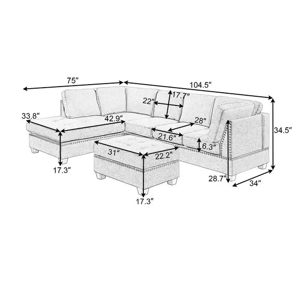 Space-Saving Reversible Sectional Sofa with Ottoman & Storage - Gray