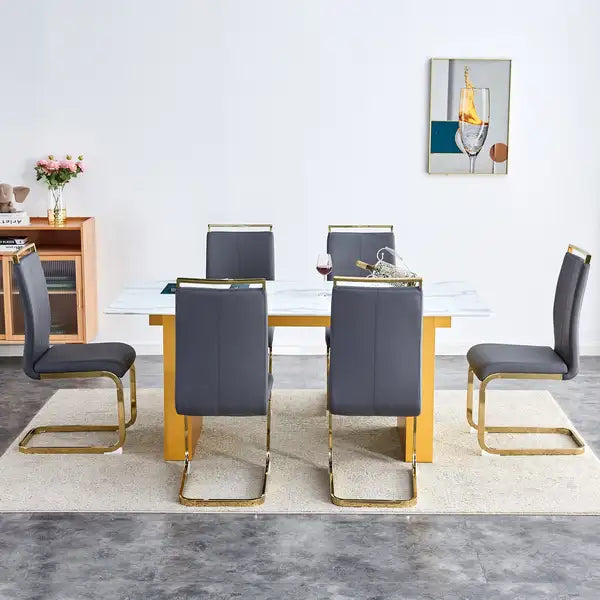 Modern Rectangular Dining Table & 6 Chair Set - Patterned Glass Top, Faux Leather Cushions - Minihomy