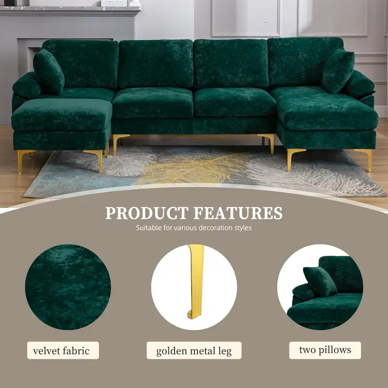 U-Shaped Sectional Sofa with Ottoman - Emerald Velvet, Removable Cover