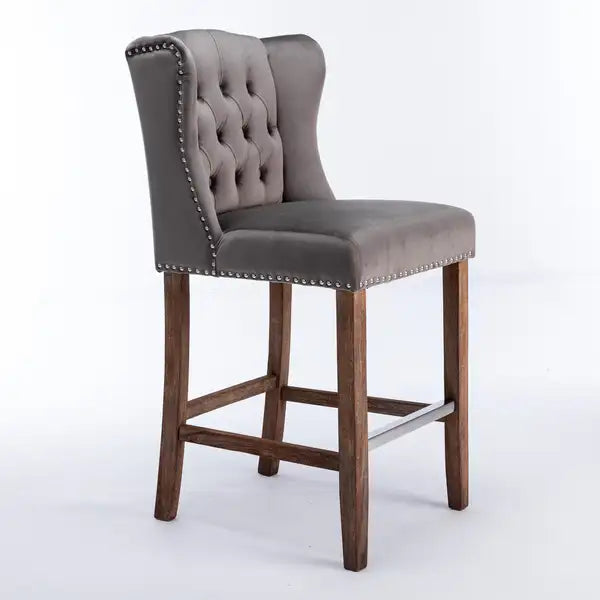 Grey Upholstered Wingback Bar Stools (Set of 2) - 27" Seat Height - Minihomy