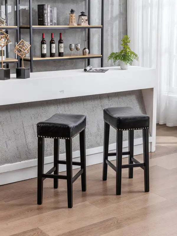 Black Counter Height Bar Stools (Set of 2) - Faux Leather, Backless, Farmhouse Style, 29" - Minihomy