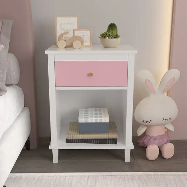 Pink Wooden Nightstand with Drawer & Shelf - Kids & Adults - 26.77"H