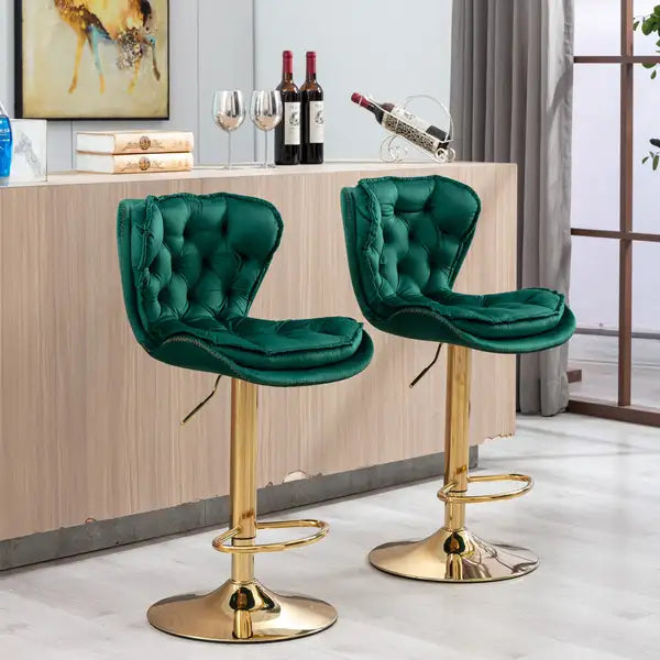 Swivel Bar Stools Set of 2, Height Adjustable Velvet Upholstered with Chrome Base - Green