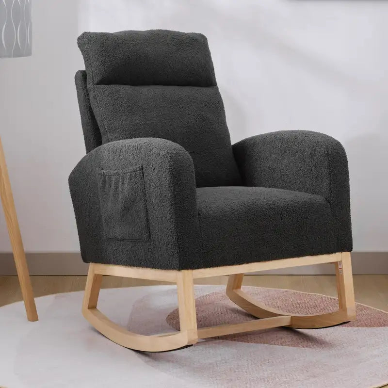 Modern Upholstered Rocking Chair with Side Pocket - Dark Grey Teddy