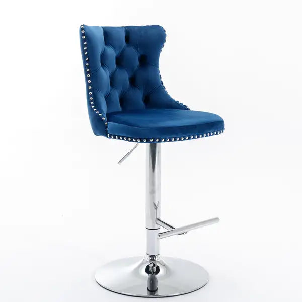 Blue Velvet Swivel Bar Stools with Backs - Adjustable Height (25-33"), Chrome Base, Set of 2 - Minihomy