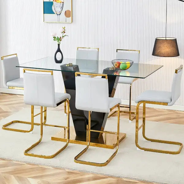 Clear Glass Dining Table and Chair Set with Black and Gold Legs