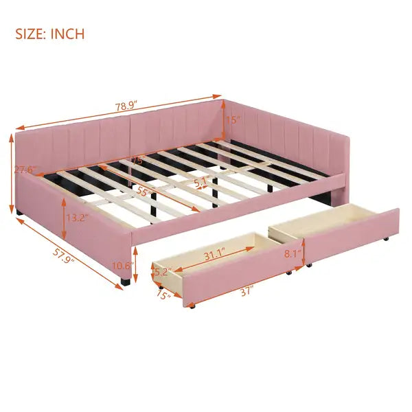 Full Size Upholstered Daybed with Storage Drawers - Linen Fabric (Pink) - Minihomy