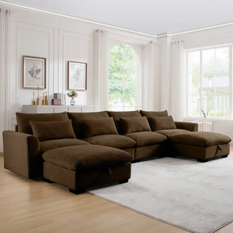 Brown Corduroy U-Shaped Sectional Sofa - Storage & Pillows