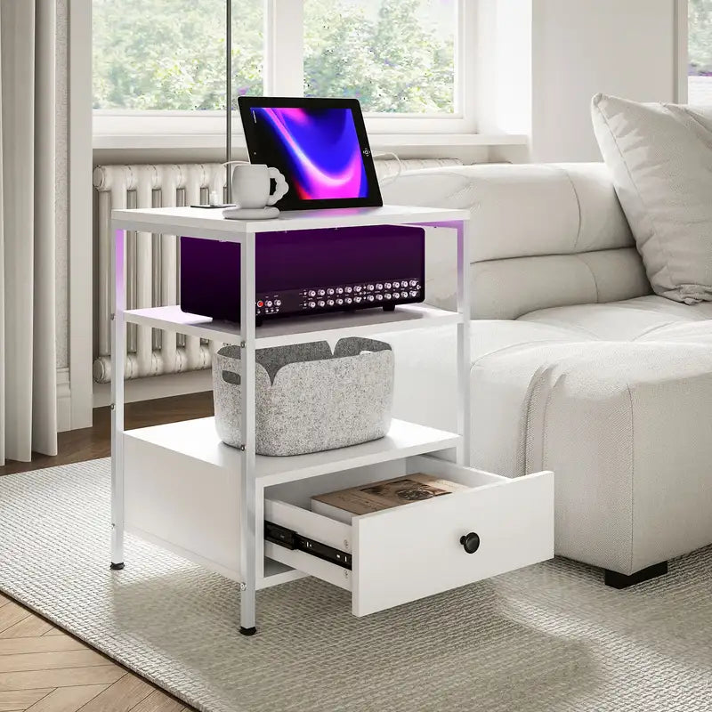 HOMCOM White 2-Piece End Tables with USB Charging & LED Lights