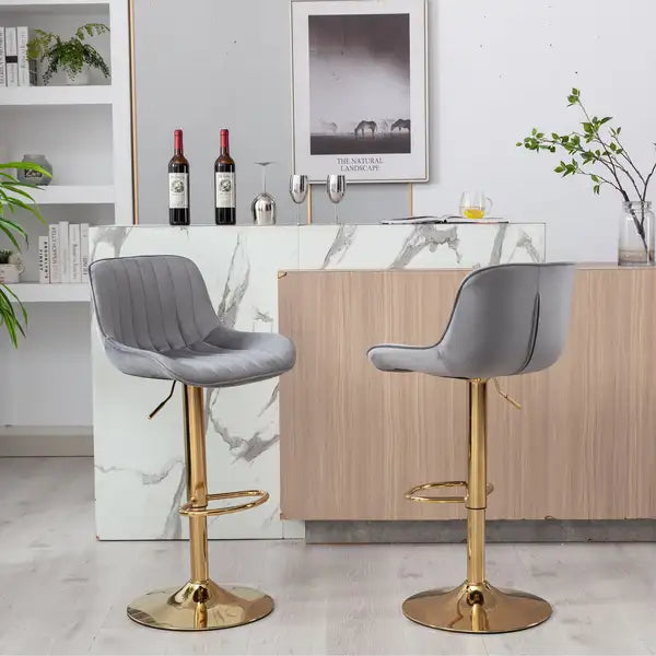 Adjustable Bar Stools Set of 2, Grey Velvet & Gold Legs, Swivel Chrome Base - Minihomy