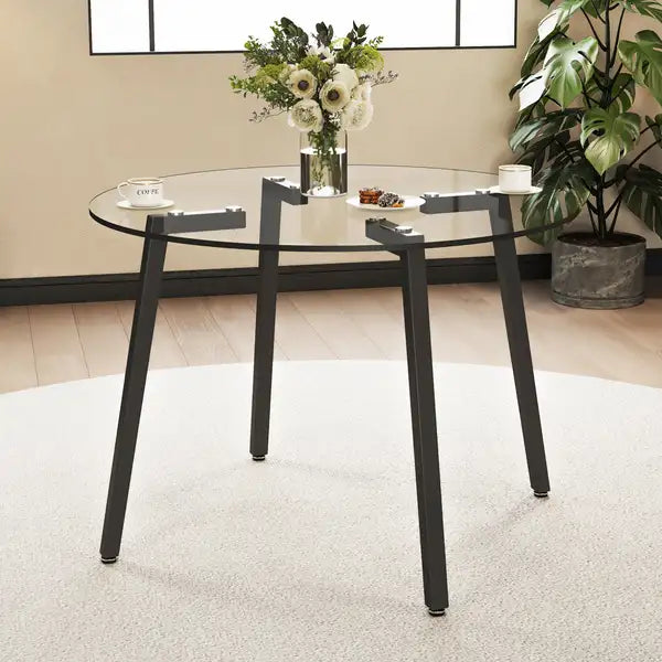 Round Glass Dining Table - Modern, Black Metal Legs, 40"x40", Kitchen, Dining Room