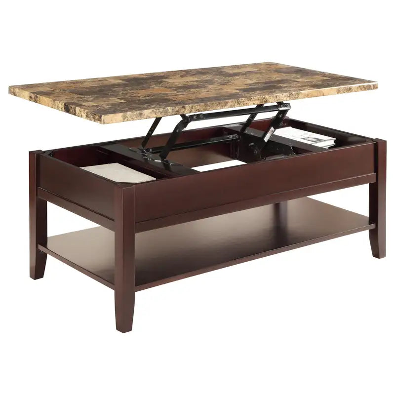 Lift Top Coffee Table with Storage - Dark Cherry Finish & Faux Marble Top