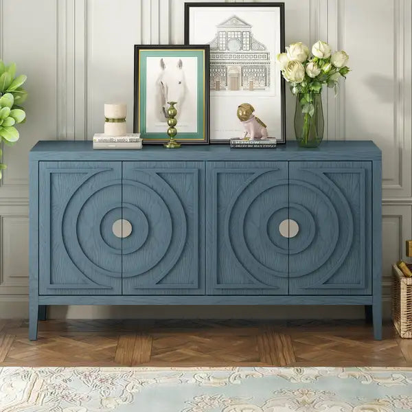 Retro Sideboard Door with Circular Groove Design & Round Metal Handle (Antique Blue)