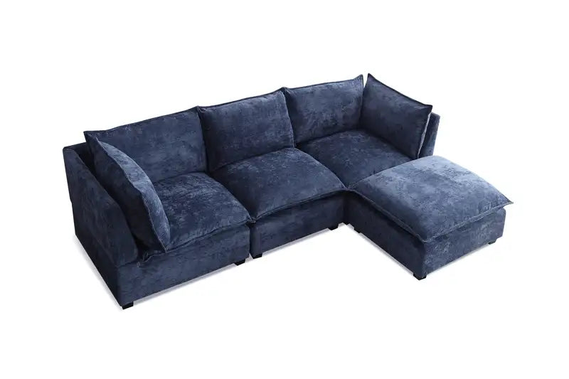 Blue Linen Sectional Sofa - L-Shape Convertible Ottoman Couch