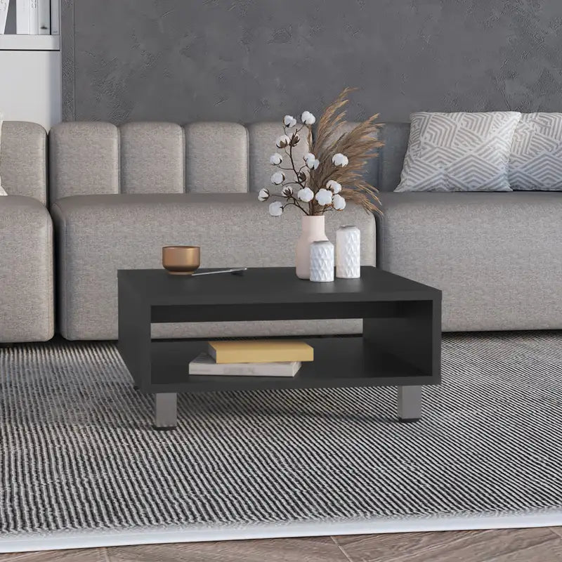 Small Black Coffee Table with Shelf - 10.6" High