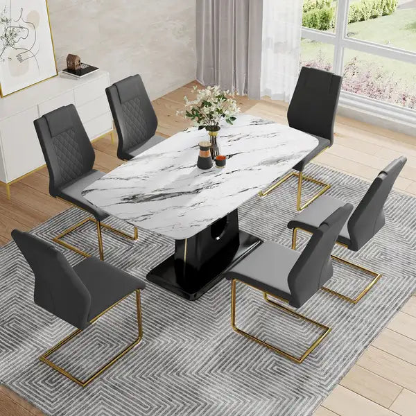 Modern Dining Table & Chair Set - Imitation Marble Top, MDF Legs, U-Shaped Brackets - Minihomy