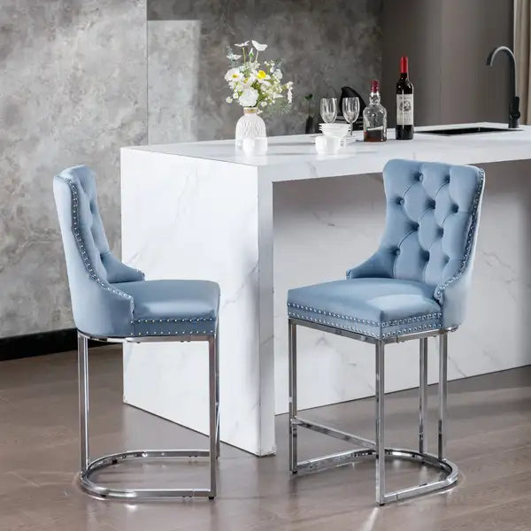 Modern Velvet Bar Stools Set of 2, Light Blue - Counter Height, Button Back & Rivet Trim, Chromed Metal Base - Minihomy