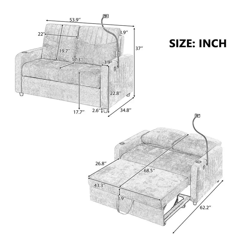 Grey Modern Loveseat Sofa Bed - Pull-Out, Adjustable Backrest, Storage