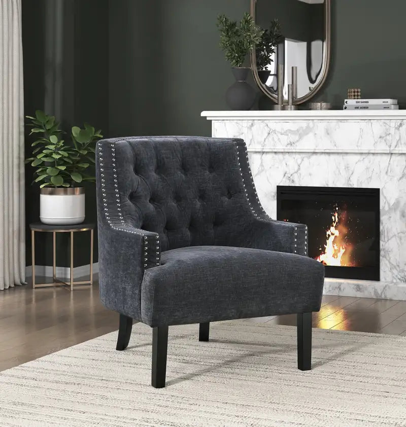 Black Chenille Accent Chair - Button Tufted, Modern Traditional Style