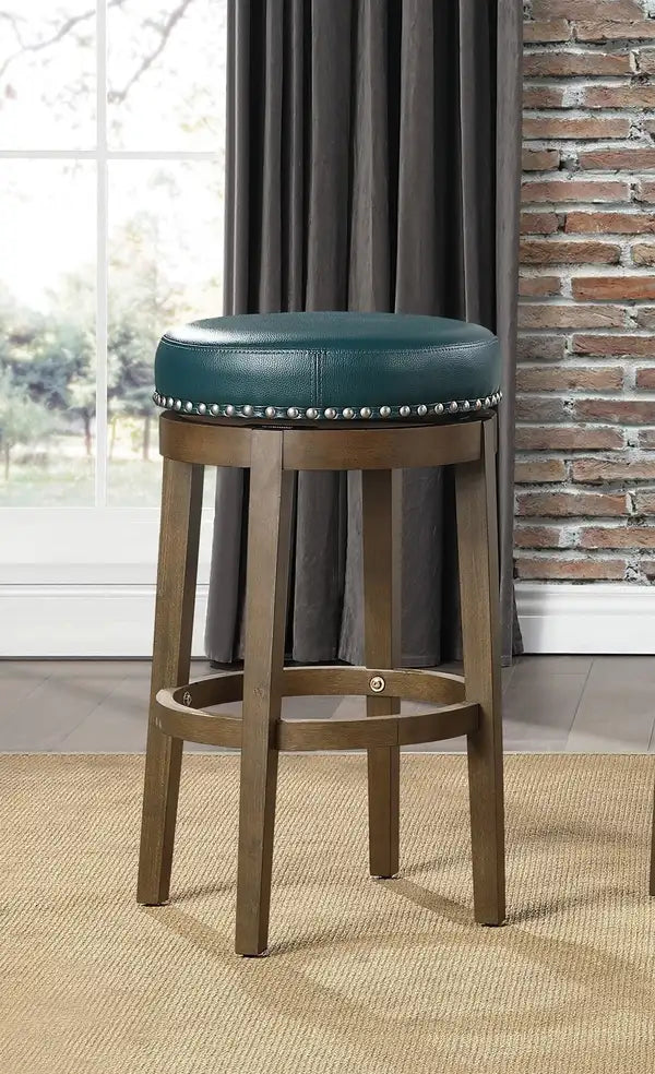 Green Faux Leather Swivel Bar Stools (Set of 2) - Nailhead Trim, Brown Wood