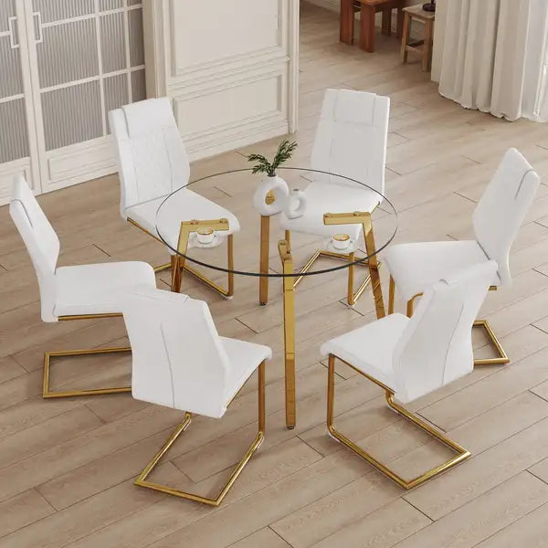 Modern Minimalist Glass Dining Table & White PU Leather Chair Set