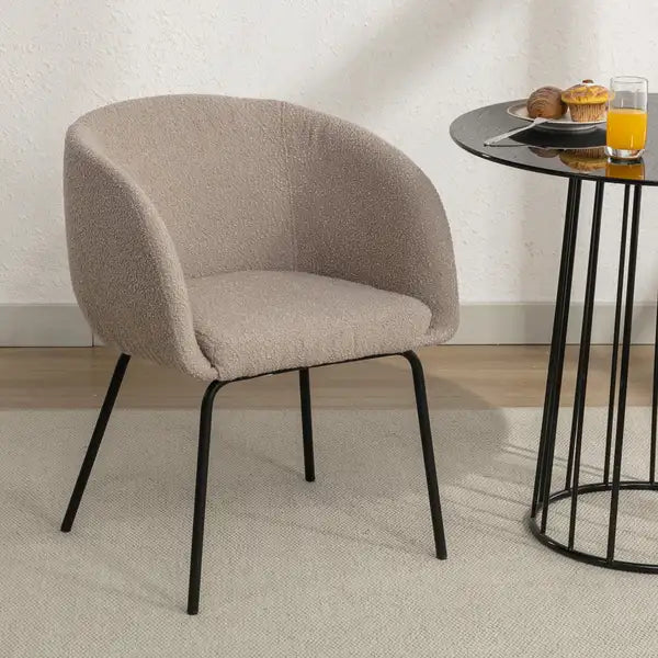 Boucle Dining Chair with Black Metal Legs - Light Coffee - Set of 1 - Minihomy