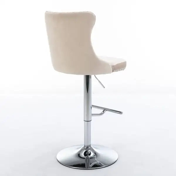 Beige Velvet Swivel Barstools with Backs, Adjustable Height, Chrome Base, Set of 2 - Minihomy