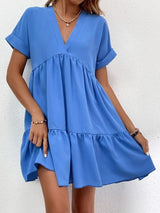 Short-sleeved V-neck Dress Summer Casual Sweet Ruffled Dresses Solid Color Holiday Beach Dress For Womens Clothing