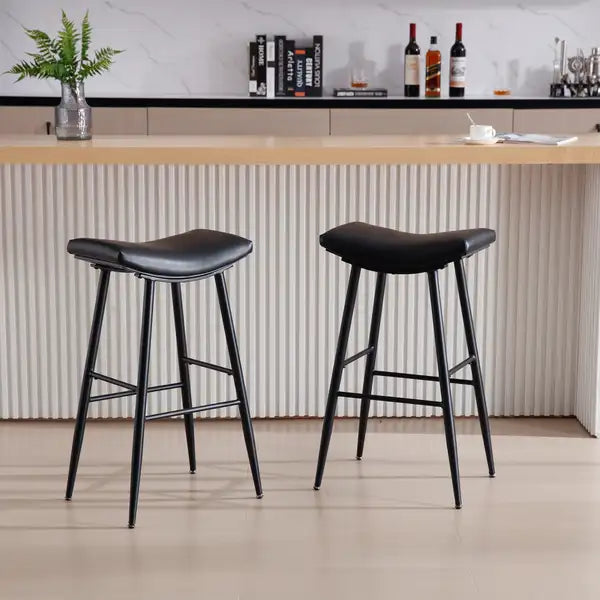 Counter Height Bar Stools Set of 2 - PU Upholstered, Black, with Footrest - Minihomy