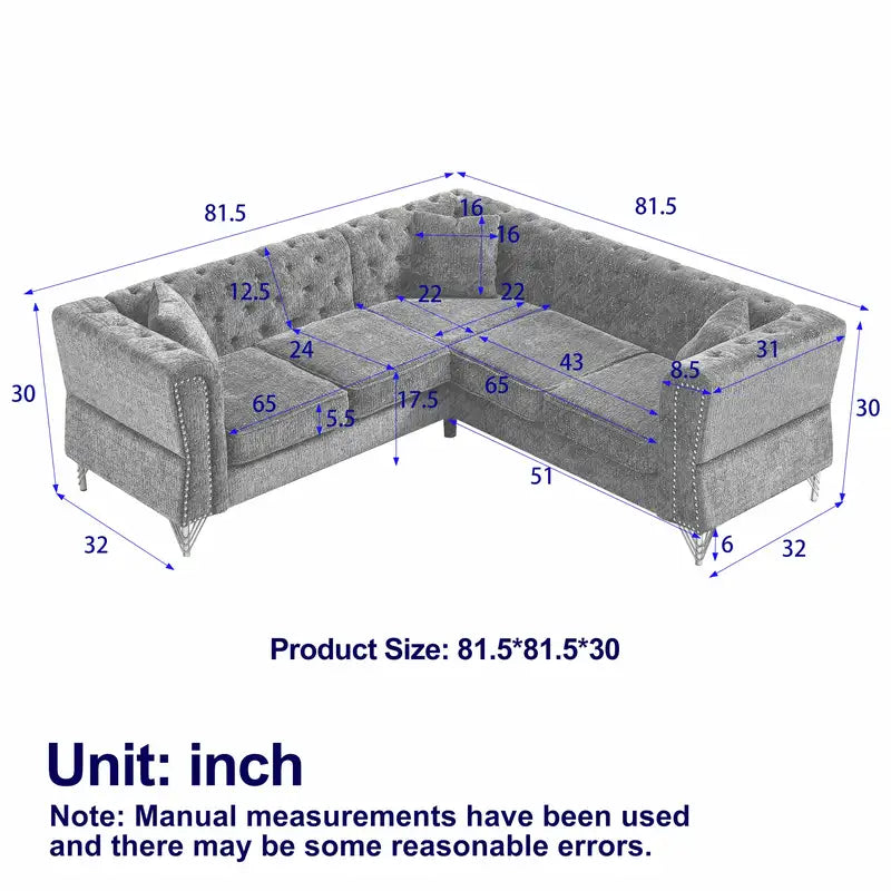 5-Seater L-Shaped Chenille Sectional Sofa - 81.5" Corner Couch