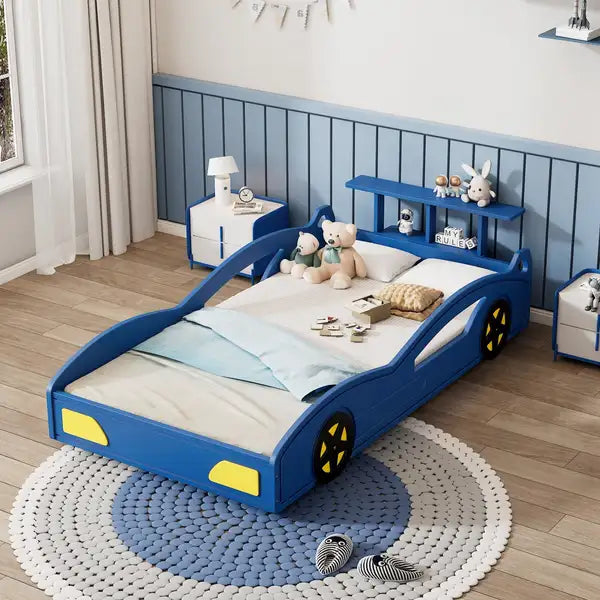 Twin Race Car Bed with Wheels | Blue & Yellow Wooden Platform Bed for Teens