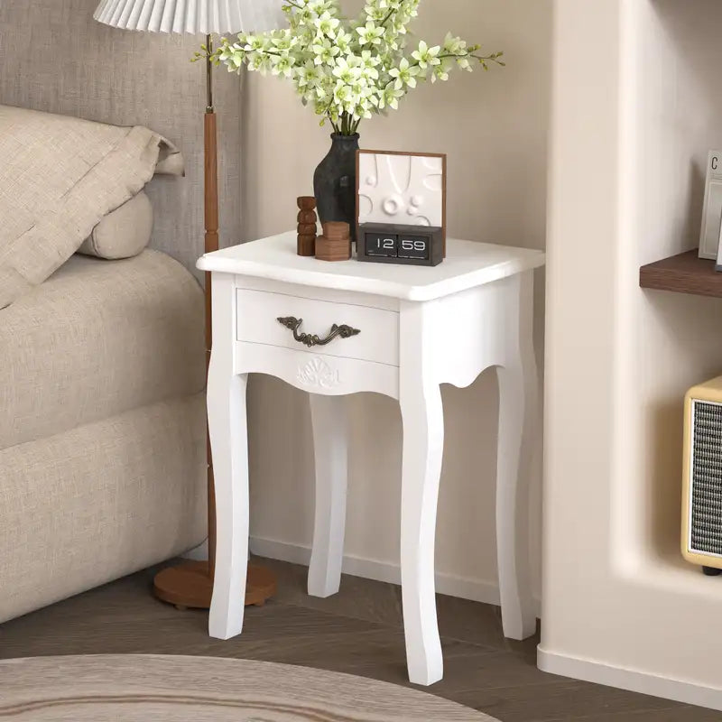 White Living Room Storage Table with Drawer & 4 Curved Legs