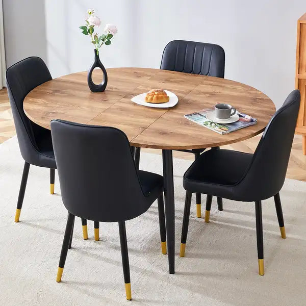 Extendable Dining Table & 4 Chairs Set - Modern Wood MDF, Telescopic Design, Black Metal Legs