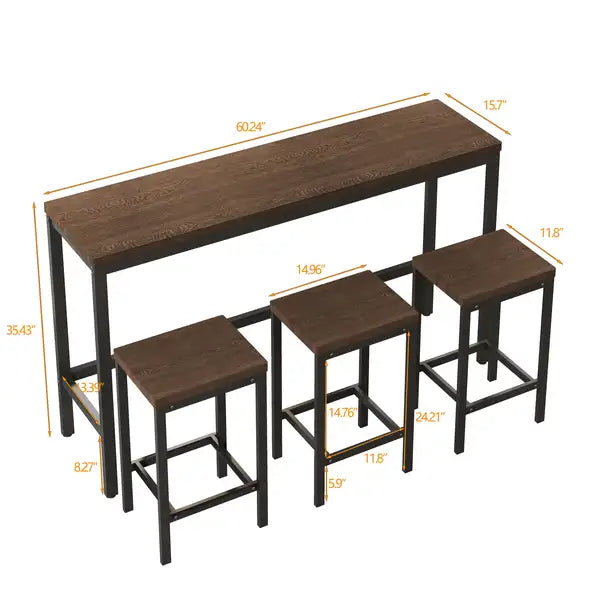 Modern Kitchen Dining Table Set - Pub Table with 3 Stools, Dark Brown - Easy Assembly - Minihomy