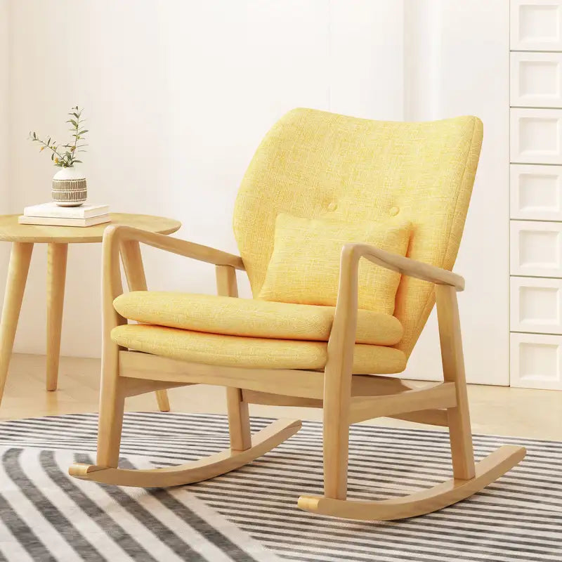 Elegant Solid Wood Rocking Chair - Yellow Linen Cushion