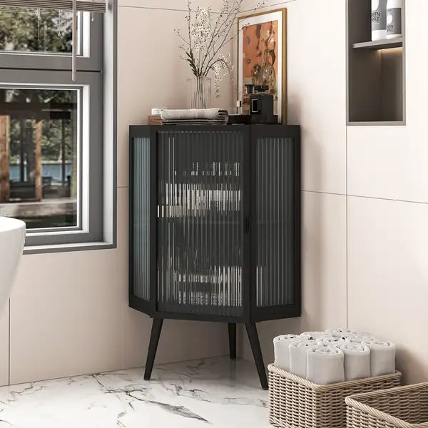 Black 22.25" Floor Corner Cabinet - Tempered Glass, Bathroom Storage