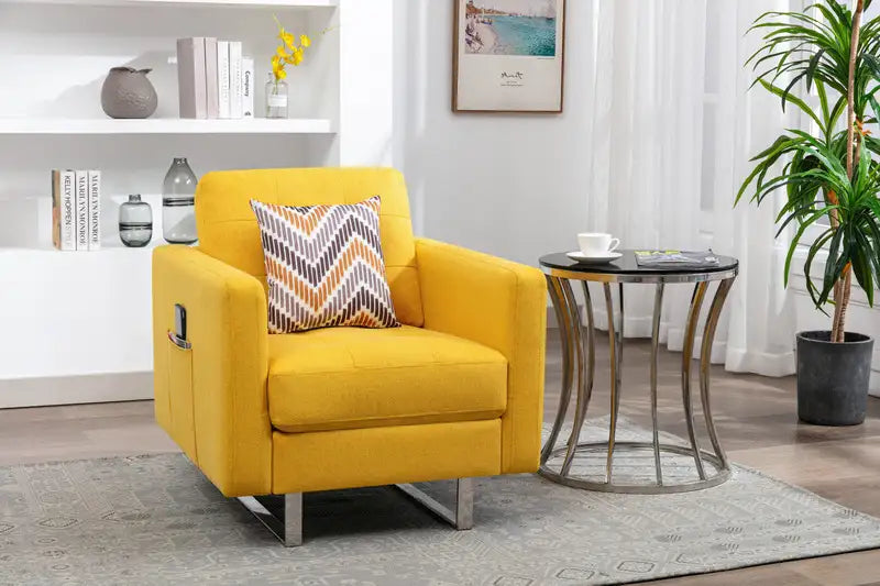 Yellow Linen Armchair with Metal Legs & Pillow - Victoria 33.5"