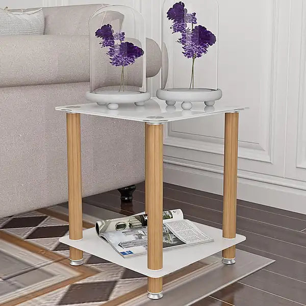 White Oak 2-Tier Side Table with Storage - Modern Nightstand & Sofa Table