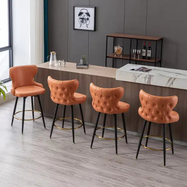 Modern Bar Stools, Set of 2, Swivel, Orange Leatherette, Gold Nailhead Trim - Minihomy