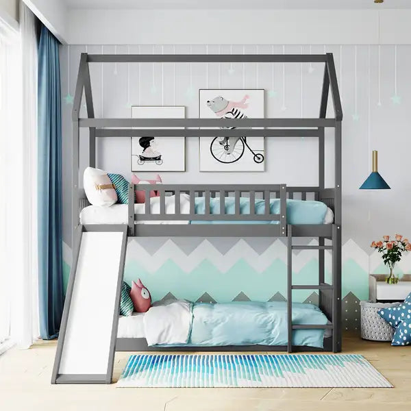 Twin Over Twin Bunk Bed with Slide - Gray House Bed for Kids - LT000213AAE