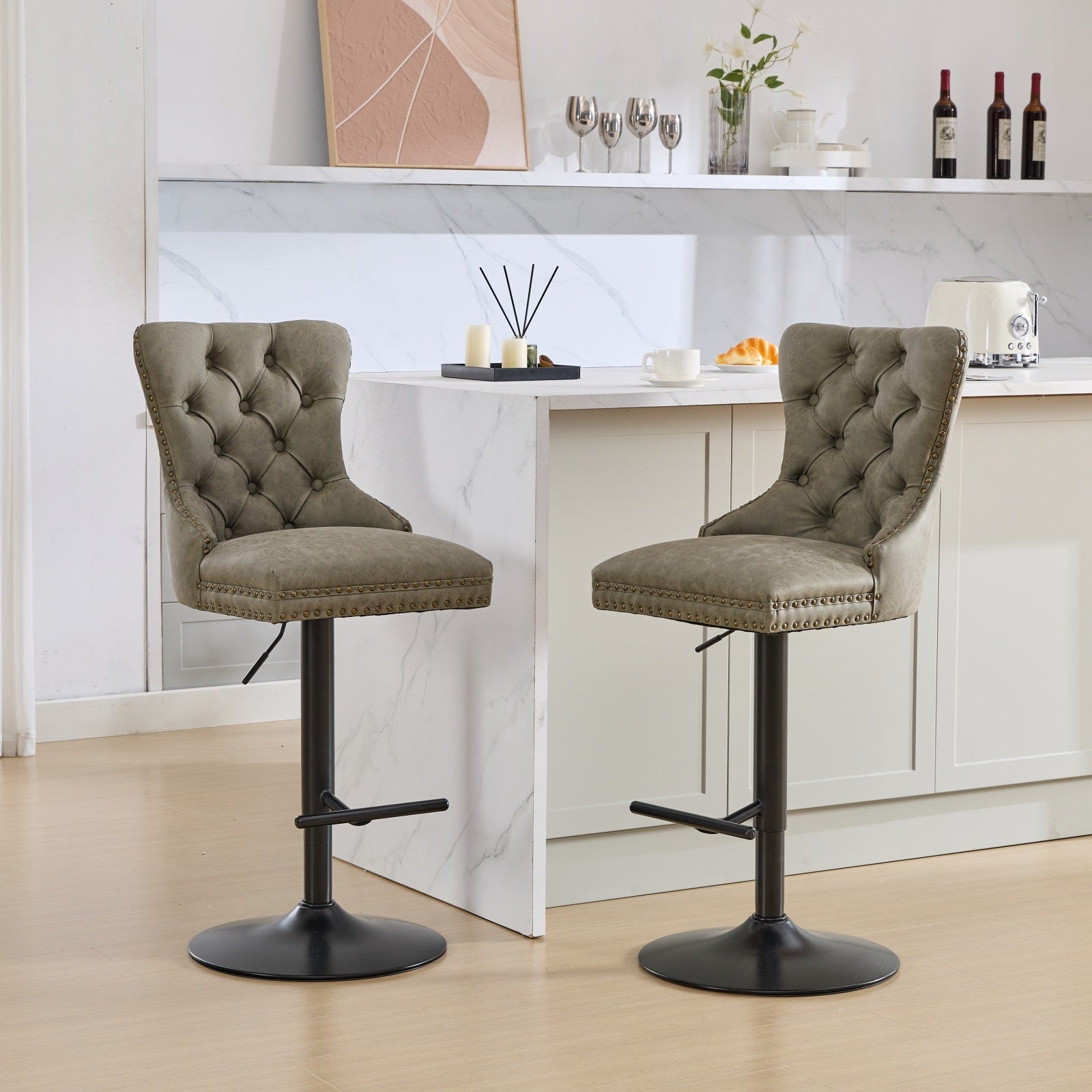 Olive Green Retro Swivel Bar Stools with Backs - Adjustable Height, Set of 2