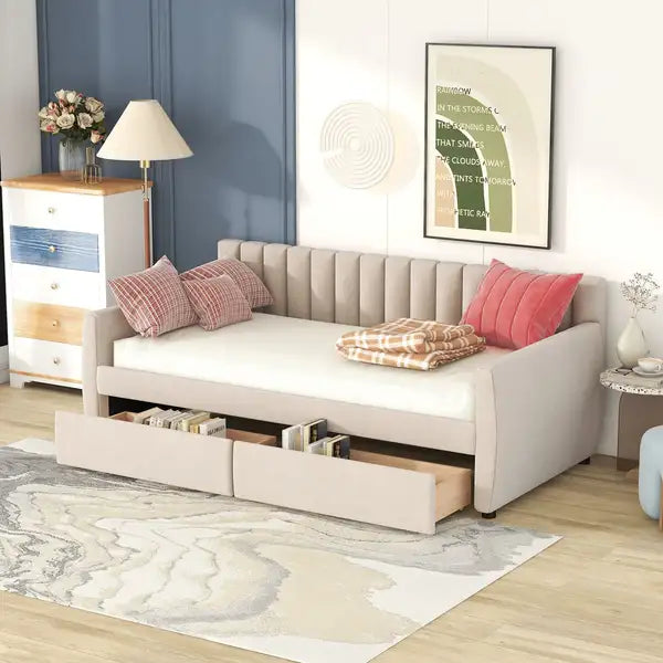 Twin Daybed with Storage Drawers & Beige Upholstery