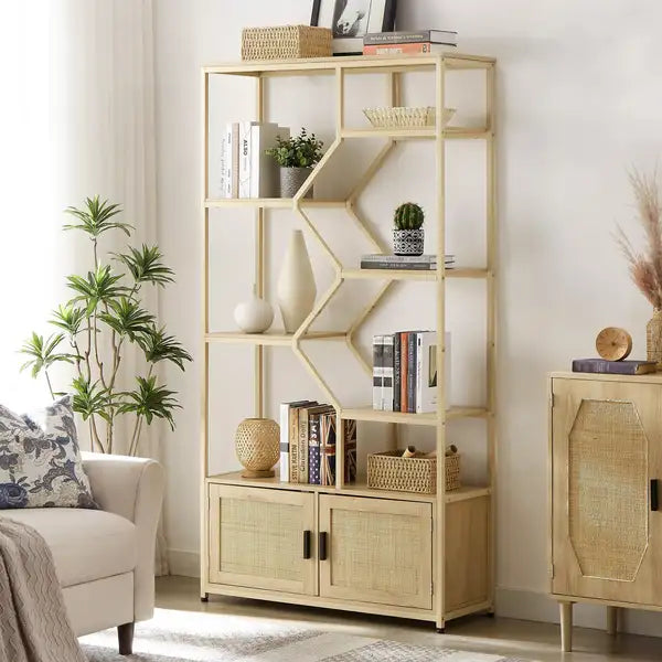 7-Tier Rattan Bookcase with Cabinet - 39.4" Wide Book Shelf for Home Office & Living Room