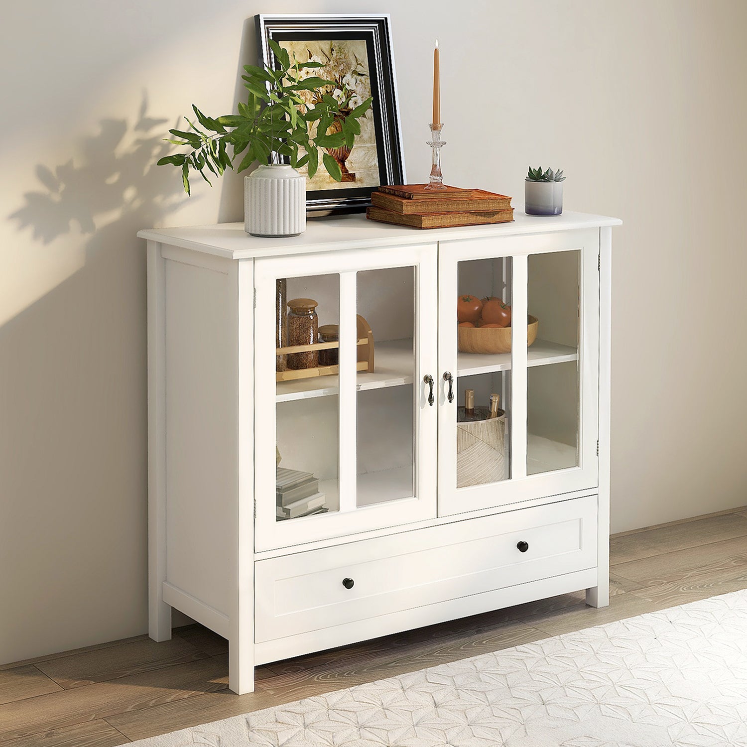 Buffet Storage Cabinet with Glass Doors & Bell Handle - Rustic Farmhouse Style