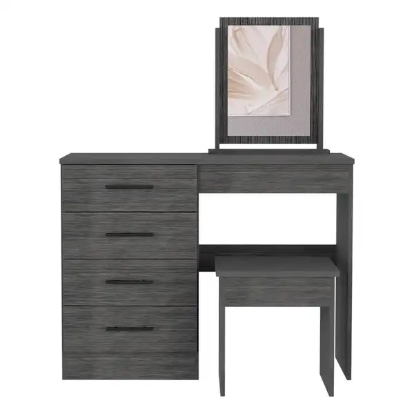 Kaia Makeup Vanity Set with Stool - Smokey Oak, 4 Drawers, Mirror - Minihomy