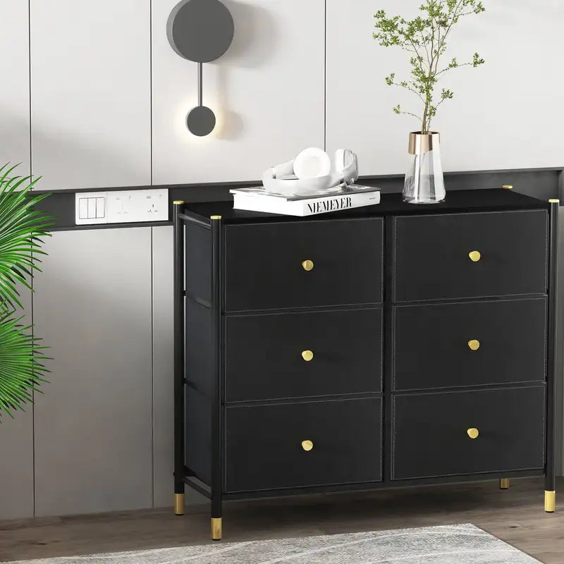 Black 6-Drawer Dresser with Fabric Bins - Tall Storage Tower for Bedroom, Closet