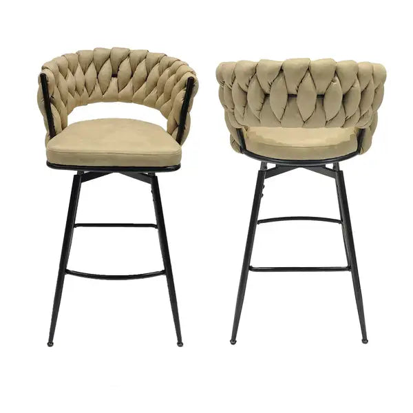 Light Brown Leather Woven Bar Stools Set of 2 - Swivel, Backrest, Footrest - Black Legs - Minihomy