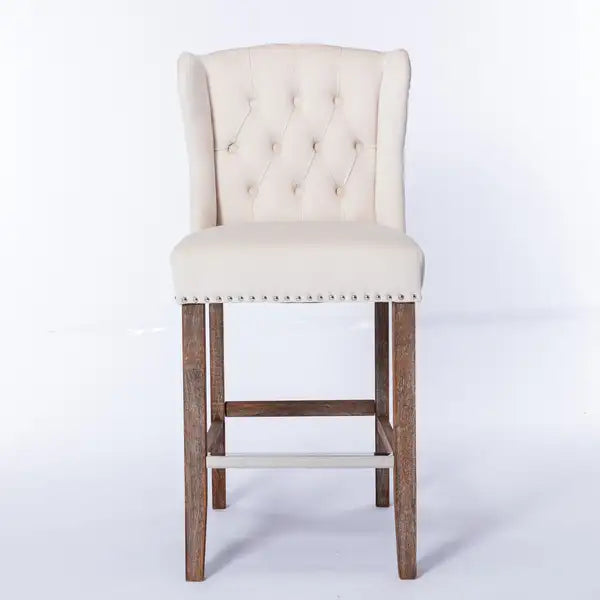 Beige Upholstered Bar Stools, Wingback Counter Height Breakfast Chairs, Nailhead Trim, Set of 2 - Minihomy