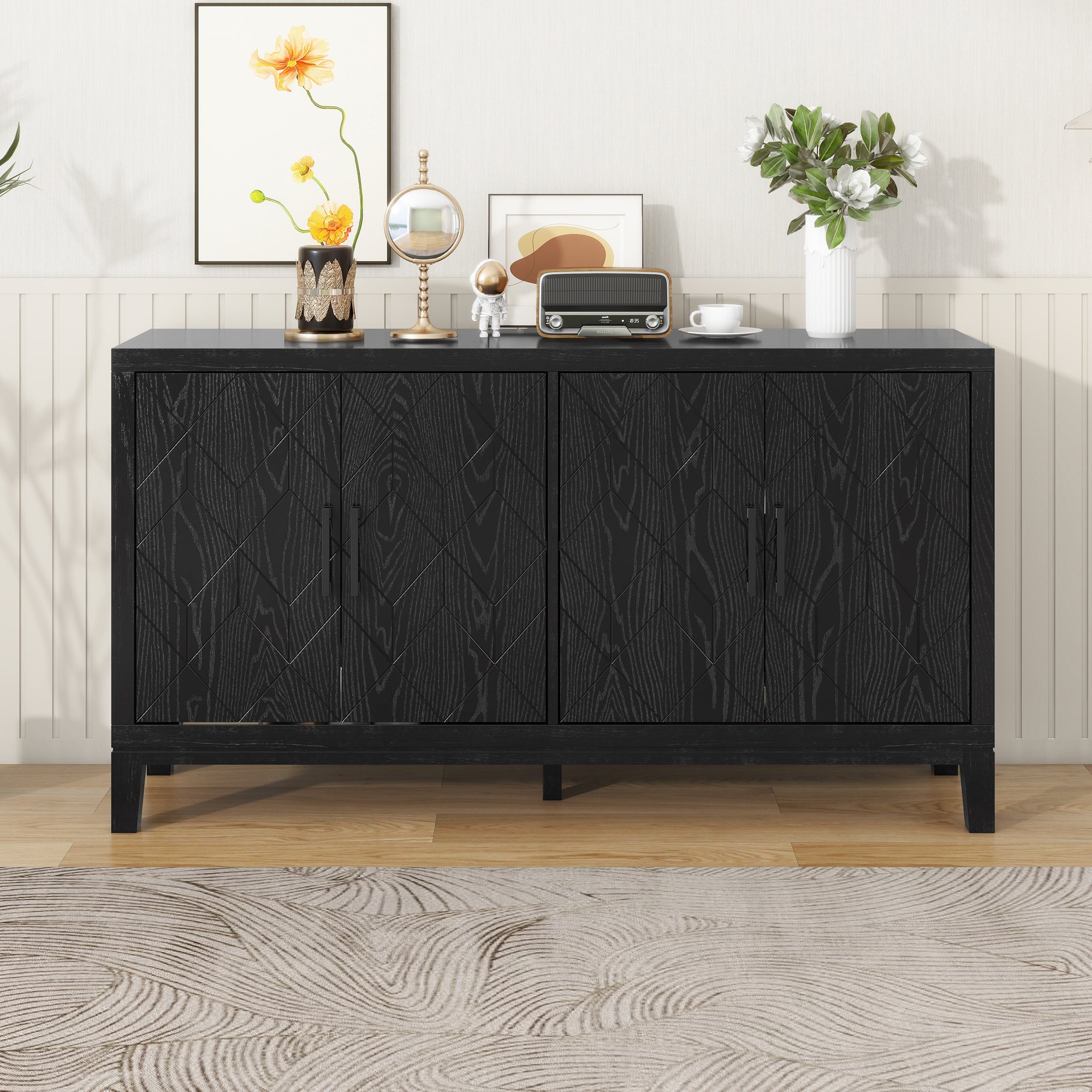 TREXM 4-Door Retro Sideboard with Adjustable Shelves - Black - Living & Dining Room Storage